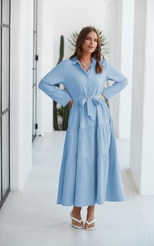 ECOWISH Women's Maxi Shirt Dress - 2024 Long Sleeve Button Casual Fall A-line Work Tiered Dresses with Belt and Pockets Blue Medium - Image 7