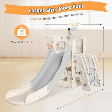 Babytronic Toddler Slide, 6 in 1 Kids Indoor Slide for Toddlers 1-3, Kids Playground for Indoor Outdoor with Basketball Hoop and Telescope, Indoor Outdoor Slide Playset (White&Gray) - Image 5