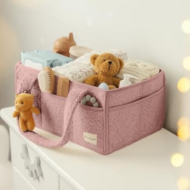 Sweety Fox Baby Diaper Caddy Organizer with Handle - Portable Sherpa Nursery Basket - Car Diaper Organizer, Cleaning Caddy, Gift for Baby Shower - Pink - Image 7