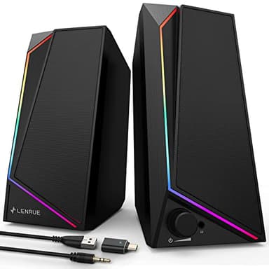 LENRUE Computer Speakers, USB/USB-C Powered PC Speakers with Loud Stereo Sound, Headphone-in for Desktop, iMac, MacBook, Laptop, Monitor (USB-C to USB Adapter Included) - Image 1