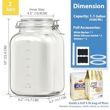 2 Pack 1 Gallon Square Super Wide-Mouth Glass Jars with Airtight Lids - Glass Storage Jars with 2 Measurement Mark - Canning Jars with Large Capacity, Sturdy For Canning, Overnight Oats, 4200 ML - Image 2