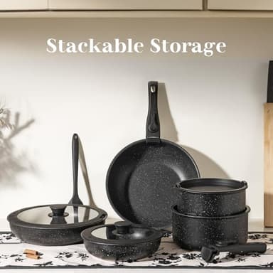 Sweetcrispy 12 pcs Pots and Pans Set, Nonstick Kitchen Induction Cookware Suit with Detachable Handle, Dishwasher Oven Safe, Black - Image 6