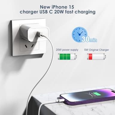 Fast Charging for iPhone 17 16 15 Charger,2Pack 20W USBC Wall Charger Travel Plug Block Phone 16e Charging Cable for iPhone 17 Air/17 Pro/17 Pro Max/16 Pro/16 Pro Max/16 Plus/15/15 Pro/15 Pro Max/iPad - Image 2