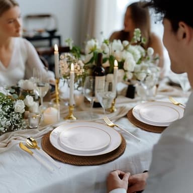 Bestluck 100PCS White Plastic Plates with Gold Rim, White Gold Disposable Plates for Party, Wedding, Include 50 Dinner Plates, 50 Dessert Plates for 50 Guests - Image 7