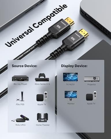 Highwings HDMI Cables 20FT Long, 8K Ultra High Speed HDMI 2.1 Cable [in-Wall CL3 Rated, 48Gbps] 8K@60 4K@120Hz/144Hz, HDMI Cord eARC HDCP 2.2 & 2.3, Compatible for XbX/S/HDTV/GPUs 30 & 40 Series - Image 7