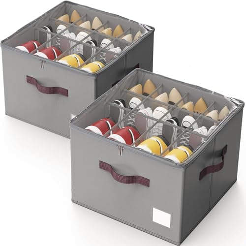 Criusia Shoe Organizer for Closet, 2 Pack Shoe Organizer with Transparent Cover and Sturdy Handles, Closet Shoe Storage for Sneakers Sandals Slippers, Fit 12-16 Pairs, Gray - Image 1