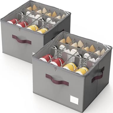 Criusia Shoe Organizer for Closet, 2 Pack Shoe Organizer with Transparent Cover and Sturdy Handles, Closet Shoe Storage for Sneakers Sandals Slippers, Fit 12-16 Pairs, Gray - Image 1