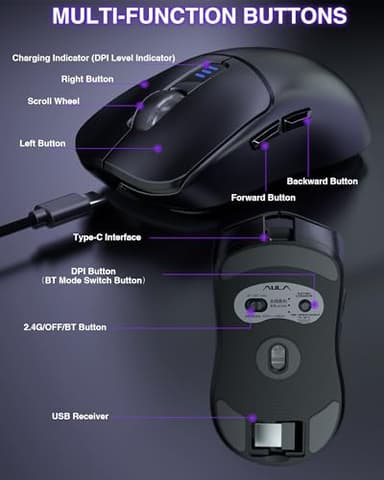 AULA SC580 Wireless Gaming Mouse, Tri-Mode 2.4G/BT5.0/USB-C Gaming Mouse, 12000 DPI Rechargeable Wireless Mouse with 6 Programmable Buttons, Ergonomic Computer Mouse for Laptop/PC/Mac/Tablet - Image 5