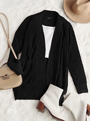 MEROKEETY Womens 2025 Fall Long Sleeve Open Front Cardigans Chunky Knit Draped Sweaters Outwear Black - Image 6