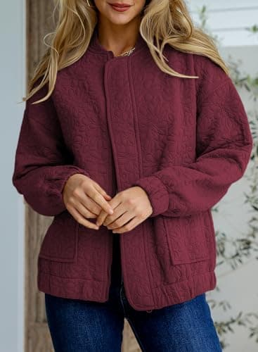 EVALESS Spring Bomber Jackets for Women Dressy Casual Summer Clothes Trendy 2025 Holiday Outfits Cute Jacquard Jackets Long Sleeve Zip Up Cropped Red Jeacket Lightweight Coat with Pockets, Medium - Image 3
