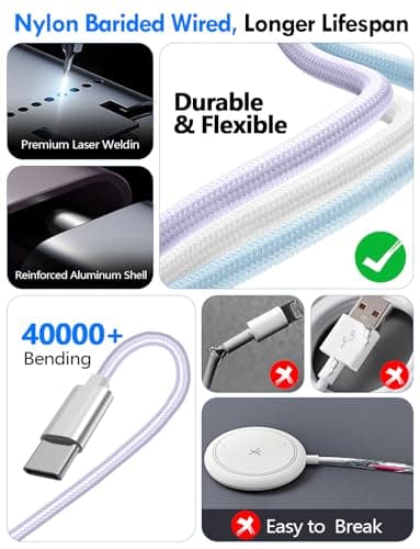 2Pack Multi Fast Charging Cable for Travel Vacation Essentials,Apple Watch Charger,iPhone Charger[3-in-2]USB A/Type C/Lightning Cable for iWatch,iPhone 16-11,Nintendo Switch,Airpods,Car,Camping-Purple - Image 6
