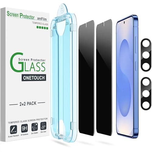 amFilm Auto-Alignment OneTouch for Samsung Galaxy S25 6.2'' Privacy Screen Protector + Camera Lens Protector, Tempered Glass, 30 seconds Installation, Bubble Free, Privacy Protection 2+2 Pack - Image 1