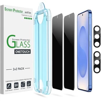 amFilm Auto-Alignment OneTouch for Samsung Galaxy S25 6.2'' Privacy Screen Protector + Camera Lens Protector, Tempered Glass, 30 seconds Installation, Bubble Free, Privacy Protection 2+2 Pack - Image 1