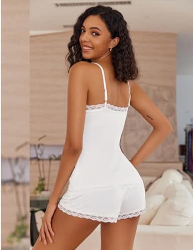 Avidlove Womens Pajama Sets Sexy Sleepwear Sleeveless Lace Trim Short PJ Set with Shorts White S - Image 5