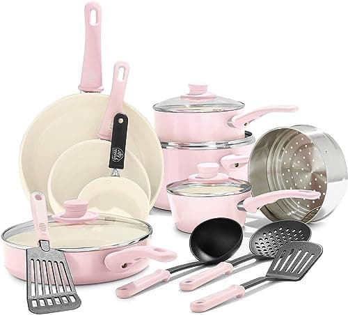 GreenLife 16 Piece Nonstick Cookware Set, Soft Grip Non-Toxic PFAS-Free Ceramic Pots & Pans, Dishwasher & Oven Safe, Frying, Sauce, Saute, Utensils, Glass Lids, Stay-Cool Handles, Wobble Free, Pink - Image 1