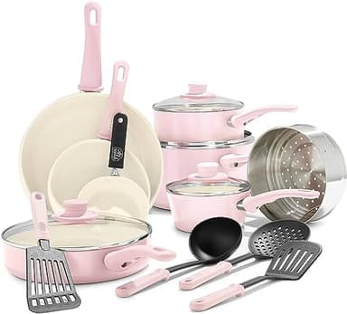 GreenLife 16 Piece Nonstick Cookware Set, Soft Grip Non-Toxic PFAS-Free Ceramic Pots & Pans, Dishwasher & Oven Safe, Frying, Sauce, Saute, Utensils, Glass Lids, Stay-Cool Handles, Wobble Free, Pink - Image 1