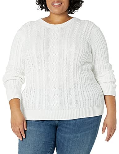 Amazon Essentials Women's Soft Fisherman Cable Long-Sleeve Crewneck Sweater (Available in Plus Size), White, Small - Image 1