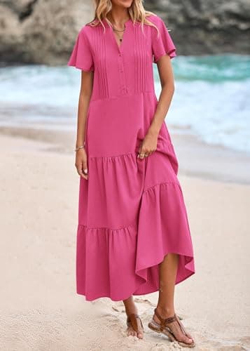 KIRUNDO Summer Maxi Dresses for Women 2025 Spring Fashion Short Sleeve Button V Neck Pleated Loose Tiered Swing Flowy Dress(Rose Red, X-Large) - Image 3