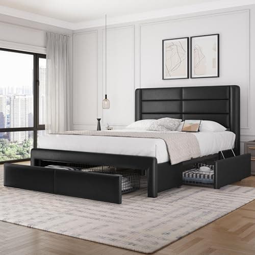 Yaheetech Queen Size Bed Frame with Headboard/2 USB Charging Station/Port for Type A&Type C/3 Storage Drawers/Solid Wood Slat Support/No Box Spring Needed/Black - Image 1