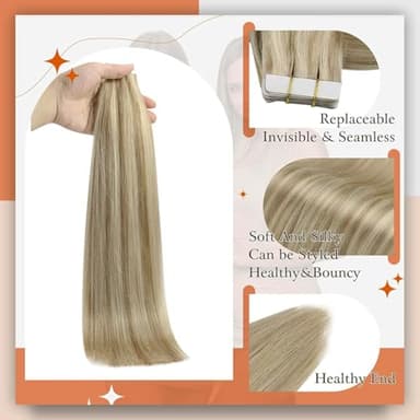 Full Shine Tape in Hair Extensions 24 Inch Double Sided Tapes Color 16 Highlighted 22 Blonde Remy Hair Extension Real Human Hair Skin Weft for Women Natural Straight 20 Pcs 50 Gram Add Length - Image 2