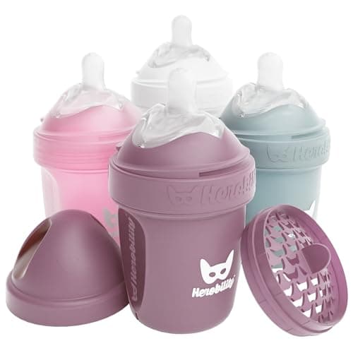 Herobility Double Anti-Colic Baby Bottles – 5 fl oz/140ml – 4-Pack – Multicolor – White, Gray, Pink, Hawthorn Rose - Image 1