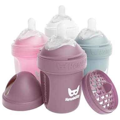 Herobility Double Anti-Colic Baby Bottles – 5 fl oz/140ml – 4-Pack – Multicolor – White, Gray, Pink, Hawthorn Rose - Image 1