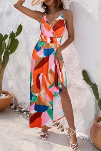Newshows Womens Dresses Summer 2025 Plus Size Spaghetti Strap Resort Wear Backless Casual Beach Hawaiian Split Long Maxi Dress(Pink Floral Blue, M) - Image 3