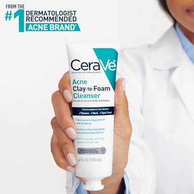 CeraVe Clay To Foam Acne Face Wash, Multi-Use Salicylic Acid & Kaolin Clay Acne Spot Treatment Clears Pimples & Blackheads, Prevents Breakouts, Hydrates & Soothes, Fragrance-Free, Non-Comedogenic, 4oz - Image 4