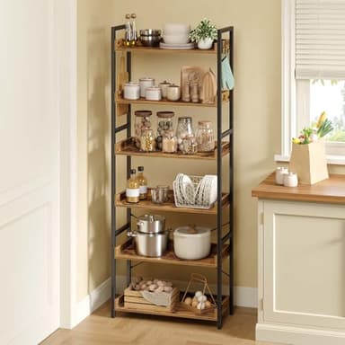 Rolanstar Bookshelf 6 Tier with 4 Hooks, Industrial Wood Bookcase, Vintage Storage Rack with Open Shelves, Rustic Standing Bookshelves Metal Frame Display Rack for Living Room, Bedroom, Rustic Brown - Image 2