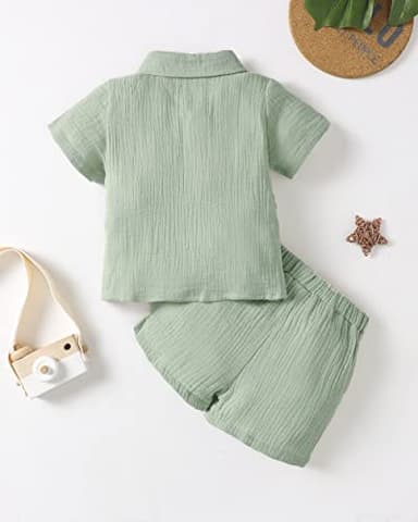 Renotemy Little Boy Clothes 4T Toddler Summer Cotton Linen Shorts Sets Baby Button Down Shirt Top Short Pants Kids Clothing 4+ Year old Boys Outfits 5T Pea Green - Image 3