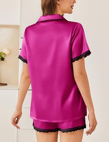 Ekouaer Satin Pajama Set for Women Button Down Lounge Set Silk Lace Pjs Sexy Sleepwear 2 Piece,X-Large Rose Red - Image 4