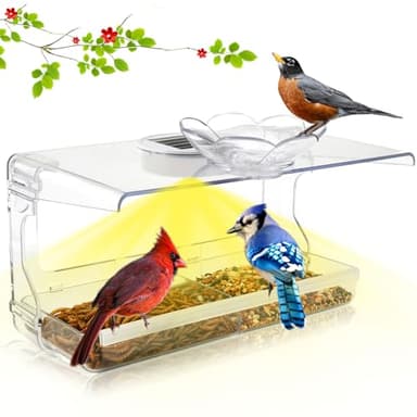 WENMIXER Window Bird Feeder with Non-Marking Self-Adhesive Hooks, Clear and Transparent, Outdoor Wild Bird Watching Gift, Garden Decor (with Solar Light) - Image 1
