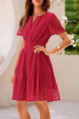 PRETTYGARDEN Womens 2025 Summer Short Dress V Neck Short Sleeve A Line Hollow Out Lace Ruffle Cute Casual Beach Party Dresses (Red,Large) - Image 7