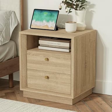 FORTUNETEC Nightstand with Charging Station, Mid Century Modern Nightstand with Wood Grain Texture, Boho End Table with Drawers Storage, Bedside Table for Bedroom Living Room Office, White Oak - Image 6
