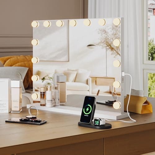 Vanity Mirror with Lights, Hollywood Lighted Vanity Mirror with 15 Dimmable LED Bulbs, 3 Color Modes, USB Charging Port, Light up Mirror with Touch Control for Bedroom, Tabletop, 23" x 18" - Image 1