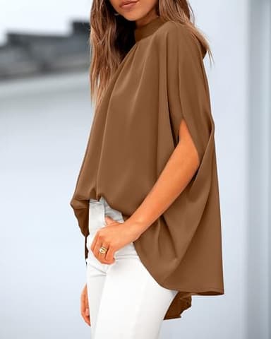 BTFBM Womens Summer Tops 2025 Fall Mock Neck Batwing Sleeve Shirts Loose High Low Hem Oversized Dressy Casual Blouses(Brown, X-Small) - Image 7