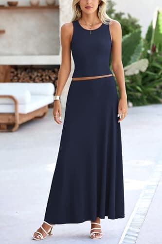 PRETTYGARDEN Women's 2 Piece Maxi Skirt Sets Casual Summer Knit Cropped Tank Top High Waisted Long Skirts Outfit (Navy,Small) - Image 6
