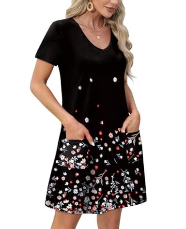 OFEEFAN Summer Dresses for Women 2025 V Neck Short Sleeve Tee Shirts Dress with Pockets Beach Vacation Essentials Fashion Sundresses with Pockets Floral 15 L - Image 3
