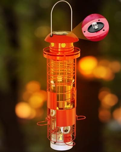 Solar Squirrel Proof Bird Feeders for Outdoors Hanging, Metal Mesh Tube Bird Seed Feeder for Outside with 4 Ports, Weight-Activated Perches, 3LBs Seed Capacity, Suitable for Small Medium Birds, BF008 - Image 1