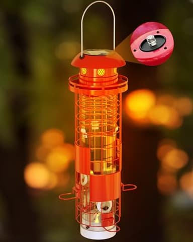 Solar Squirrel Proof Bird Feeders for Outdoors Hanging, Metal Mesh Tube Bird Seed Feeder for Outside with 4 Ports, Weight-Activated Perches, 3LBs Seed Capacity, Suitable for Small Medium Birds, BF008 - Image 1