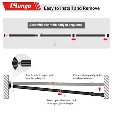 JSungo 2-in-1 Sliding Door Security Bar, Upgrade Doors Stoppers Security, Heavy-Duty Door Jammer Doors Stopper for Sliding Window, Adjustable Door Jammer for Home, Apartment, and Hotel, Black, 1 Pack - Image 7
