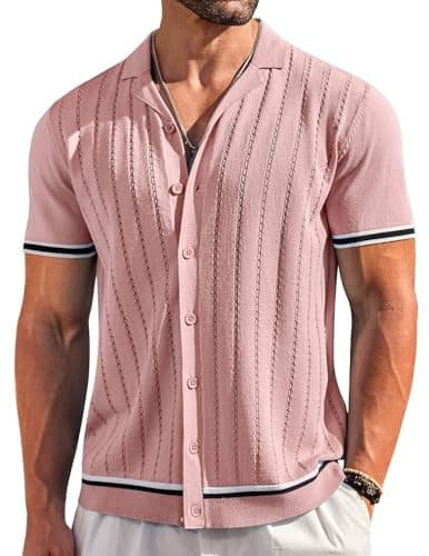 COOFANDY Contrast Knitted Shirt for Men Vintage Polo Shirt Short Sleeve Light Pink - Image 1