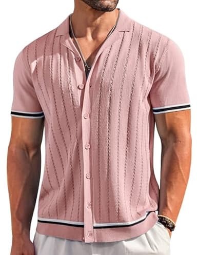 COOFANDY Contrast Knitted Shirt for Men Vintage Polo Shirt Short Sleeve Light Pink - Image 1
