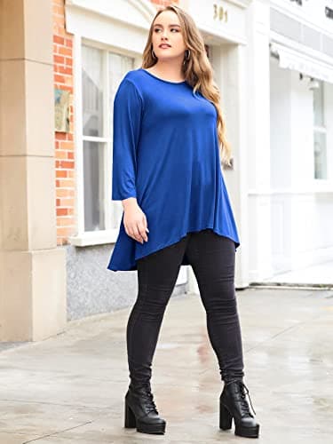LARACE Womens Plus Size 3/4 Sleeve Loose Fit Flare Swing Tunic Tops Floral High Low Basic T Shirt, Royal Blue 3X - Image 5