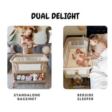 Bassinet Bedside Sleeper for Baby 6 Months, Convertible Cosleeping Baby Bed Attach to Bed with Wheels, Mattress, Storage Diaper Caddy, 6 Adjustable Height, Breathable Mesh Drop Down Side, Gold - Image 2