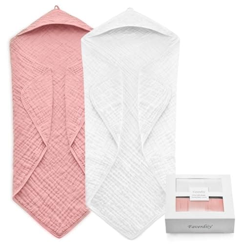 FAVERDIIY 35x35 Inch 2 Pack 100% Muslin Cotton Baby Bath Towel, Hooded Baby Towels for Newborn, Soft Baby Beach Towels with Hood for Infants, Toddlers and Kids, Essentials Must Haves Dusty Pink+ White - Image 1
