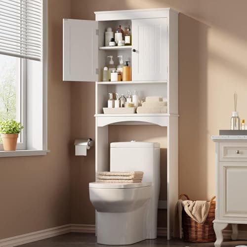 Gizoon Over The Toilet Storage Cabinet with Adjustable Shelf and Double Doors, Bathroom Space Saver Organizer Above Toilet with Open Shelf, Taller Wooden Free Standing Toilet Rack -White - Image 1