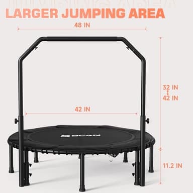 BCAN Adult Mini Trampoline, 48" Fitness Trampoline with Bungees, U Shape Adjustable Foam Handle, Stable & Quiet, Indoor Outdoor Workout-Black - Image 8