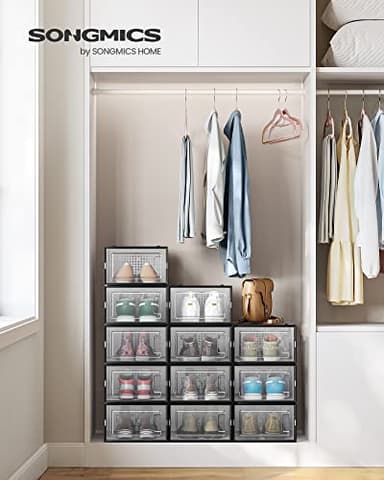 SONGMICS Shoe Boxes, Pack of 12 Shoe Storage Organizers, Stackable Clear Plastic Boxes for Closet, Sneakers, 13.1 x 9.1 x 5.6 Inches, Transparent and Black ULSP006B12 - Image 2