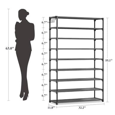 Kitsure Shoe Rack for Closet - 9-Tier Shoe Organizer with Hook Rack, Large-Capacity & Space-Saving Shoe Shelf for Entryway, Bedroom, Living Room,32.2" x 11.8" x 55.1", Black - Image 2